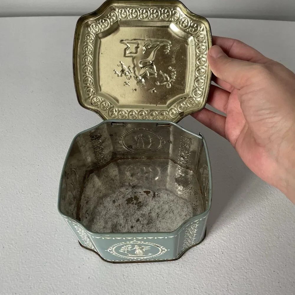 Vintage Container Tin Made in England Robin Egg Blue Greek Scenes 5